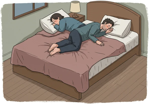 Two adults struggling to fit comfortably on a full bed