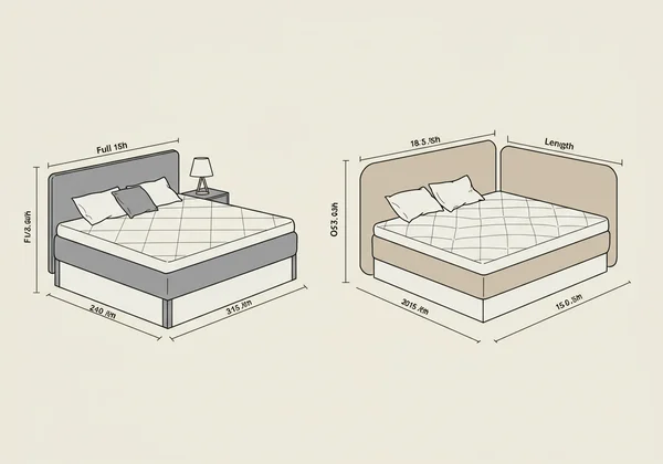 Side-by-side comparison of full vs queen bed dimensions