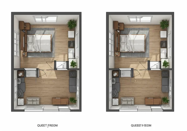 Bedroom floor plans with full and queen beds for planning