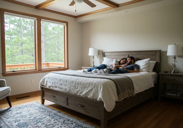 Happy family with child and pet relaxing on a King bed