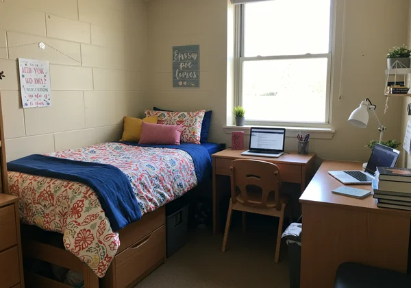 Twin XL bed in a compact college dorm room
