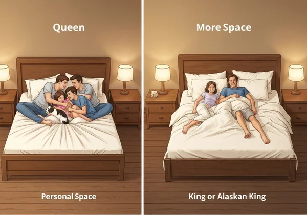 좁은 가족 침대 vs 편안한 넓은 킹사이즈 침대