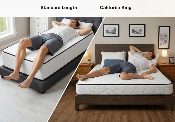 짧은 침대에 누운 키 큰 사람과 긴 침대에 편안하게 누운 사람 비교