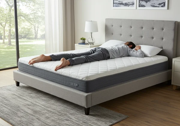 Tall person sleeping comfortably on a California King bed.