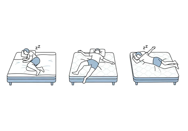 Illustrations of side, back, and stomach sleepers on mattresses